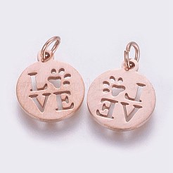 304ステンレスペンダント  ワード「love」を刻まれたフラットラウンド  ローズゴールド  14x12x1mm  穴：3mm&nbsp;STAS-Q201-T450R