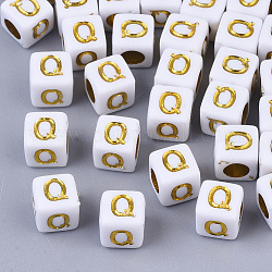 Chapado de abalorios de acrílico, agujero horizontal, metal dorado enlaced, estilo alfabeto, cubo, letter.q, 5.5~6x5.5~6x5.5~6mm, agujero: 3.5 mm, aproximamente 3000 unidades / 500 g