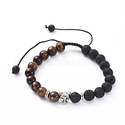 Bracelets tressés réglables en pierre de lave naturelle et perles d'oeil de tigre, avec des perles en alliage de style tibétain, leopard, argent antique, 2-3/8 pouce (59 mm) ~ 3-5/8 pouces (93 mm)