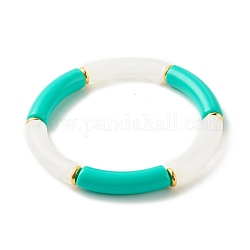 Acrylic Tube Beaded Stretch Bracelets, with Brass Beads, Turquoise, Inner Diameter: 2-1/8 inch(5.5cm)