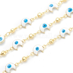 Golden Brass Link Chain, with Enamel Moon Shape Evil Eye Charms, Long-Lasting Plated, with Spool, Soldered, White, Link: 13.5x7x3mm and 8x3.5x3mm, 32.8 Feet(10m)/roll