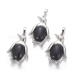 Naturale agata nera pendenti, con accessori di ottone, pinguino, platino, 34~35x24~25x5~8mm, Foro: 8x5 mm