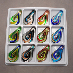 Handmade Silver Foil Lampwork Big Pendants, with Gold Sand, teardrop, Mixed Color, 63x35x16mm, Hole: 8mm, 12pcs/box