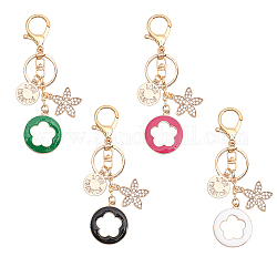 Globleland 4Pcs 4 Colors Rhinestone Enamel Flower Pendant Keychain with AlloyCharm, for Keychain, Purse, Backpack Ornament, Mixed Color, 12.7cm, 1pc/color
