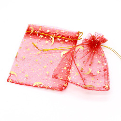 Sacchetti regalo con cordoncino in organza rettangolare con stampa a caldo, borse portaoggetti con stampa luna e stelle, rosso, 9x7cm