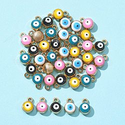 40Pcs 5 Colors Light Gold Plated Alloy Charms, with Enamel, Flat Round with Evil Eye, Mixed Color, 10x7x4.5mm, Hole: 1.5mm, 8pcs/color