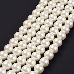Hebras de perlas de vidrio ecológicas, Grado A, redondo, teñido, cordón de algodón rosca, blanco cremoso, 14mm, agujero: 1.2~1.5 mm, aproximamente 30 pcs / cadena, 15.7 pulgada