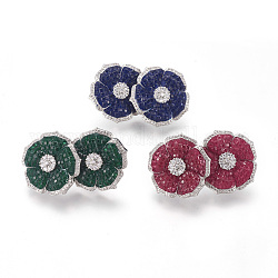 Brass Ear Studs, with Micro Pave Cubic Zirconia, Flower, Mixed Color, 24.5x6mm, Pin: 0.8mm