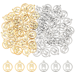 DICOSMETIC 80Pcs 2 Colors Owl Charms Stainless Steel Golden Ring with Owl Charms Cute Animals Charms Small Hollow Pendants Flat Round Charms for DIY Jewellry Making, Hole: 1.2mm