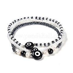 Ensembles de bracelets extensibles, bracelets empilables, avec agate perles naturelles, mauvais œil perles de lampwork à la main, Perles de rocaille en verre, perles de perles naturelles et perles en laiton, Diamètre intérieur: 6 cm, 3 pièces / kit