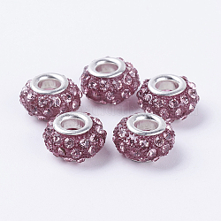 Glass Rhinestone European Beads, Large Hole Beads, Resin with Silver Color Brass Core, Rondelle, Light Rose, 14x9mm, Hole: 5mm