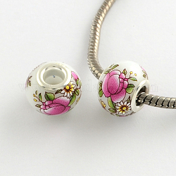 Large Hole Rondelle Flower Pattern Glass European Beads, with Silver Tone Brass Double Cores, Deep Pink, 14~15x11mm, Hole: 4.5~5mm