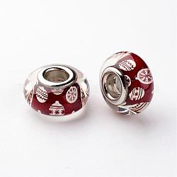 Perles européennes rondes avec grand trou en résine, en laiton de tonalité de platine noyaux doubles, Noël, rouge foncé, 14x8mm, Trou: 5mm