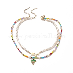 2Pcs 2 Styles Alloy Enamel Tree & Star Pendant Necklaces Set, Natural Pearl & Glass Seed Beaded Stackable Necklaces for Women, Mixed Color, 13.86~15.94 inch(35.2~40.5cm), 1Pc/style