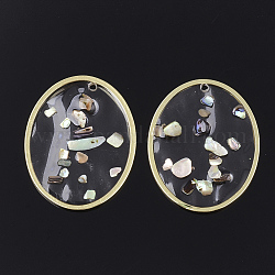 Epoxy Resin Pendants, with Shell and Brass Findings, Oval, Colorful, Golden, 28x22.5x1~2mm, Hole: 1.5mm