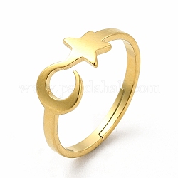 Placcatura ionica (ip) 304 anello regolabile da donna con stella e luna in acciaio inossidabile, vero placcato oro 18k, misura degli stati uniti 6 1/4 (16.7mm)