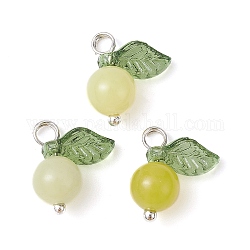 Breloques naturels de fruits de jade de citron, avec feuille en acrylique et boucles en laiton plaqué platine, mousseline de citron, 13x12x6mm, Trou: 2mm