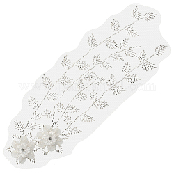 Rayonne et polyester à motif de fleurs 3d cousus sur des appliques, appliques en perles de verre et de résine, blanc, 355x127x3~7.5mm