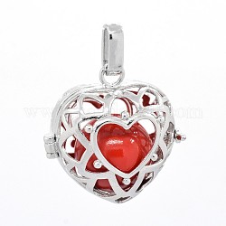 Platinum Tone Brass Cage Pendants, Chime Ball Pendants, Heart, with Brass Spray Painted Round Beads, Lead Free & Nickel Free & Cadmium Free, Red, 30x28.5x17.5mm, Hole: 7x3mm