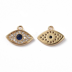Brass Micro Pave Clear & Marine Blue Cubic Zirconia Charms, Eye, Real 18K Gold Plated, 8x10.5x1.5mm, Hole: 1mm