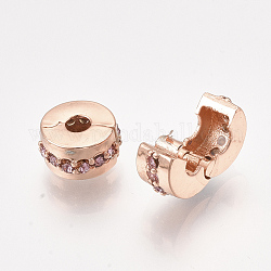Fermoirs européens en alliage, Perles avec un grand trou   , avec strass, plat rond, or rose, rose clair, 10.5x6mm, Trou: 3mm