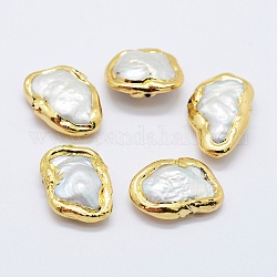 Perle coltivate d'acqua dolce perla naturale, bordo dorato placcato, pepite, bianco, 10~16x18~24x4~6mm, Foro: 0.5 mm