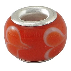 Red Silver Plated Brass Core Handmade Rondelle Lampwork Large Hole European Beads, about 13~14mm wide, 9~10mm long, hole: 5mm
