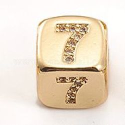 Messing Mikro ebnen Zirkonia Perlen, Würfel mit Nummer, Transparent, golden, num. 7, 8.5x8.5x8.5 mm, Bohrung: 3.5 mm