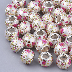 Printed Opaque Resin European Beads, Large Hole Beads, Imitation Pearl, with Platinum Tone Brass Double Cores, Rondelle with Sakura Pattern, White, 12x9.5mm, Hole: 5mm