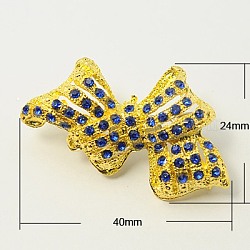 Fashion Alloy Bowknot Brooches, with Rhinestones and Iron Findings, Golden Metal Color, Blue, 40x24mm, Pin: 0.8mm
