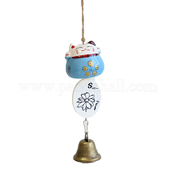 Fortune Lucky Cat Porcelain Wind Chines, Outdoor, Home Hanging Decorations with Iron Bell and Sunflower Pattern Charms, Deep Sky Blue, 280~310mm