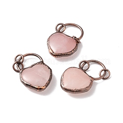 Colgantes naturales de cuarzo rosa, Con los fornituras de latón de cobre rojo de latón, corazón, sin plomo y cadmio, 38.5~47x20~26x10~11mm, agujero: 6 mm