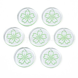 Pendenti in resina trasparente, con polvere di scintillio, tondo piatto con fiore di sakura, verde chiaro, 24~24.5x3~4mm, Foro: 1.2 mm
