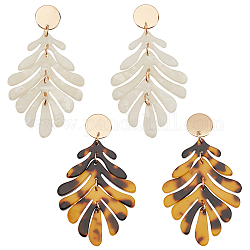 Anattasoul 2 пара 2 цветов акриловые серьги-гвоздики с тропическими листьями, длинные серьги из золотого сплава для женщин, разноцветные, 65 мм, штифты : 0.8 мм, 1 пара / цвет