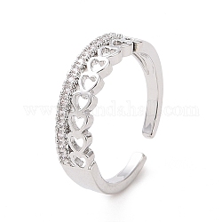 Anello con polsino aperto a cuore aperto con zirconi cubici trasparenti, gioielli in ottone per le donne, platino, diametro interno: 16mm