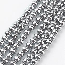 Placage sous vide brins de perles d'hématite synthétique non magnétique, ronde, platinée, 4mm, Trou: 1mm, Environ 100 pcs/chapelet, 15.7 pouce