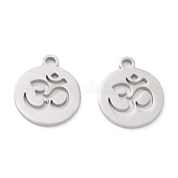 201 Stainless Steel Pendants, Laser Cut, Manual Polishing, Flat Round with Ohm, Stainless Steel Color, 14x12x1mm, Hole: 1.6mm
