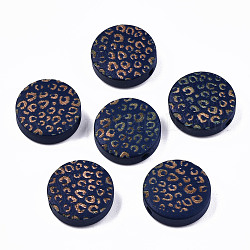Perle di legno naturale verniciate, motivo inciso al laser, piatta e rotonda con stampa leopardo, blu scuro, 15x4.5mm, Foro: 1.5 mm