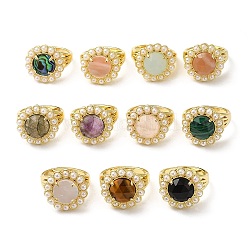 Verstellbarer Ring mit Blumen aus natürlichen gemischten Edelsteinen und Perlen aus Kunststoff, Echter 14 Karat vergoldeter Messingschmuck, Innendurchmesser: 16.5~17 mm
