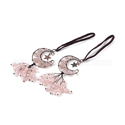 Lune en quartz rose naturel avec des décorations de pendentif de gland de puces, avec placage à crémaillère accessoires en laiton plaqué cuivre rouge, sans cadmium et sans plomb, 205~208mm