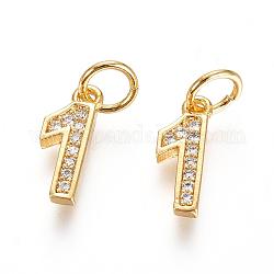 Brass Micro Pave Clear Cubic Zirconia Charms, with Jump Ring, Number, Golden, Num.1, 11x4.5x2mm, Hole: 3mm