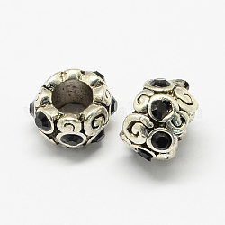 Legierung Rhinestone European Beads, Unterlegscheibe Perlen mit großem Loch, Antik Silber Farbe, Jet, 11x8 mm, Bohrung: 6 mm