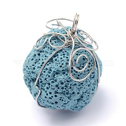 Irregular Synthetic Lava Rock Big Pendants, with Platinum Plated Brass Findings, Dyed, Sky Blue, 48x31x33mm, Hole: 6.5mm