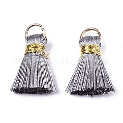 Handmade Polycotton(Polyester Cotton) Tassel Decorations, Pendant Decorations, with Golden Iron Loops, Silver, 17~21x10x5mm, Jump Ring: 6x0.7mm, Inner Diameter: 4.6mm
