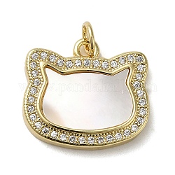 Brass Micro Pave Cubic Zirconia Pendants, with Shell, Cat, Real 18K Gold Plated, 16x18x3mm, Hole: 3.4mm