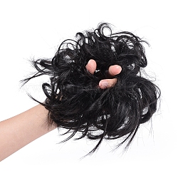 女性のためのヘアパンエクステンション  ウェーブカーリー乱雑なドーナツシニョンヘアピース  耐熱高温繊維  ブラック  7インチ（18cm）