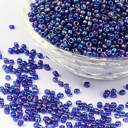 (servicio de reempaquetado disponible) perlas redondas de vidrio, colores transparentes arco iris, redondo, azul, 8/0, 3mm, aproximamente 12 g / bolsa