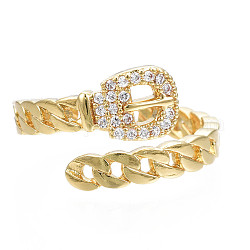 Exquisito anillo de puño con forma de cinturón de cadena de circonita cúbica, anillo abierto hueco de latón para mujer, sin níquel, real 18k chapado en oro, nosotros tamaño 8 (18.1 mm)