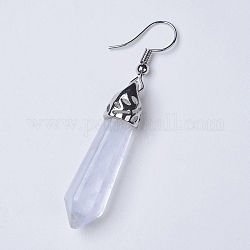 Natural Quartz Crystal Dangle Earrings, with Alloy Findings, Bullet, Platinum, 51~55mm, Pendant: 35~36x9~9.5mm, Pin: 0.6mm