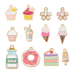 12 pendentifs en alliage d'émail de style, cupcake & cake & glace & milkshake & bouteille & donut & fleur de sakura, or clair, couleur mixte, 20 pcs /sachet 